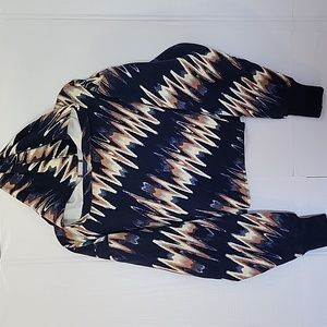 Free People Half Time Printed Hoodie‎ Crop Navy Tan Ribbed Cuffs Fray Hem L